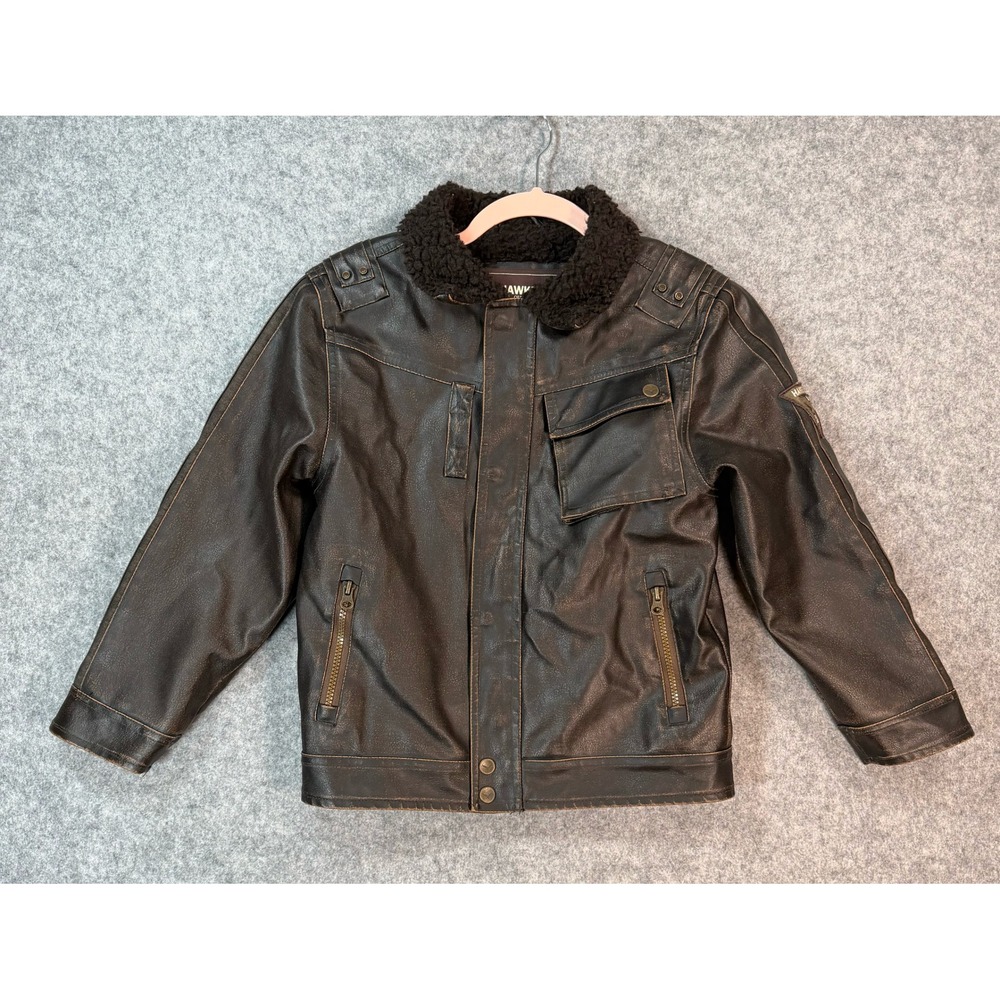 Hawke & Co Outfitter Kids Brown Faux Leather Sherpa Lined Bomber Jacket Size 7